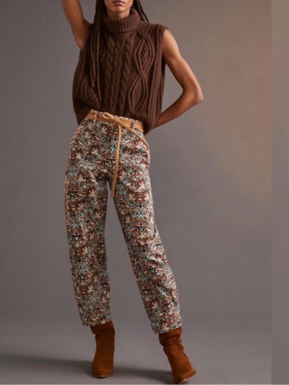 By Anthropologie Corduroy Bold Paisley Barrel Pants, Size 4, Color Cream/Brown
